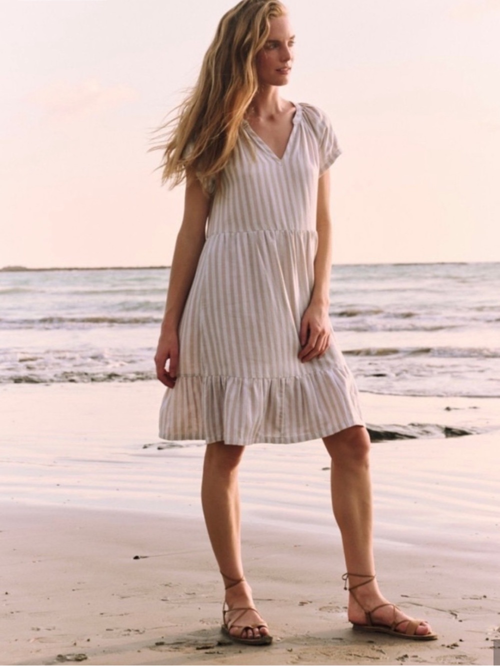 NWT Pact Cream and Light Gray Striped V‑Neck Tiered Dress - Picture 1 of 5
